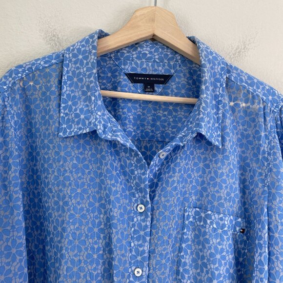 Tommy Hilfiger Womens Plus IX Blue Button Up Sheer Shirt Long Sleeve Blouse Top - Picture 8 of 12